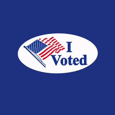 I Voted sticker with an American flag on a blue background